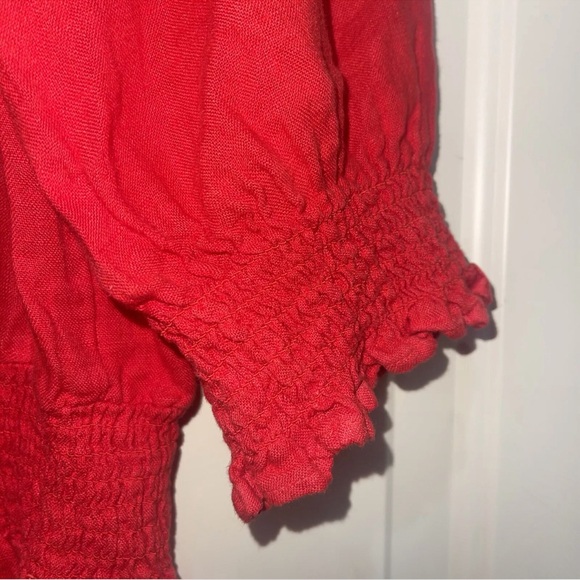 Zara Red Linen SS Shift Smocked Back Dress Women Sz L Decorative Front Button - Picture 11 of 13